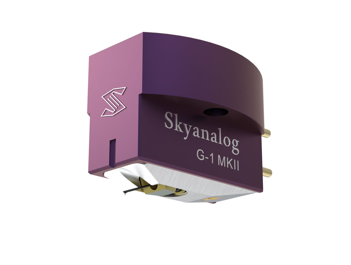 Skyanalog G-1 MKII MC Tonabnehmer in Violett, Schrägansicht mit Nadelträger – Skyanalog | Klang Maschine