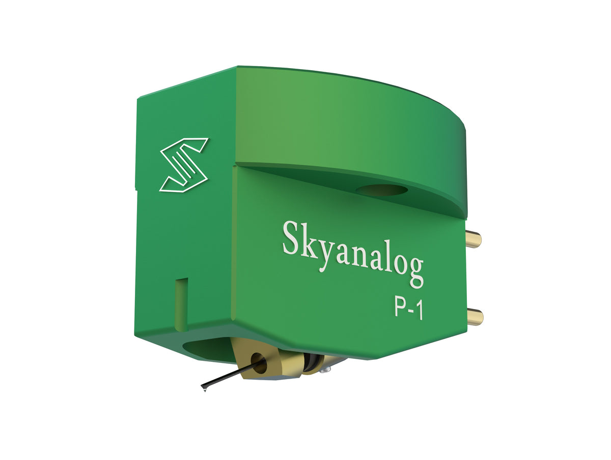 Skyanalog P-1G MC Tonabnehmer in Grün, Schrägansicht mit Nadelträger – Skyanalog | Klang Maschine
