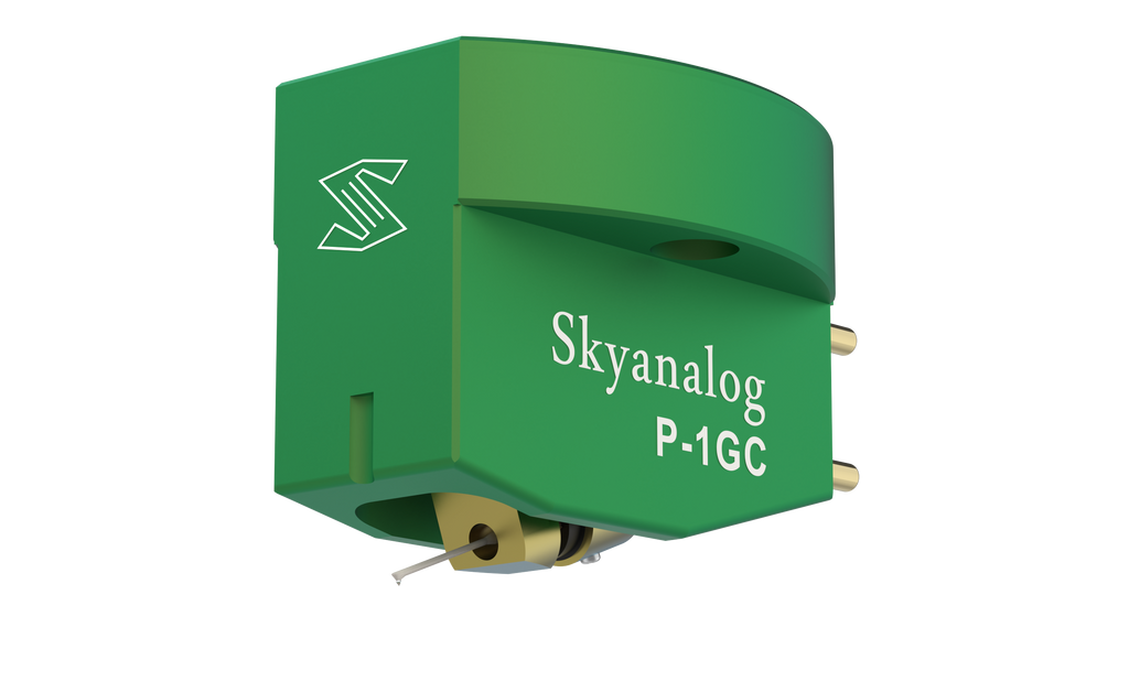 Skyanalog P-1GC MC Tonabnehmer in Grün, Schrägansicht mit Nadelträger und Anschlusspins – Skyanalog | Klang Maschine