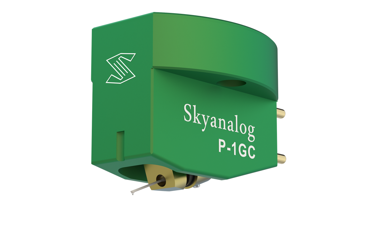 Skyanalog P-1GC MC Tonabnehmer in Grün, Schrägansicht mit Nadelträger und Anschlusspins – Skyanalog | Klang Maschine